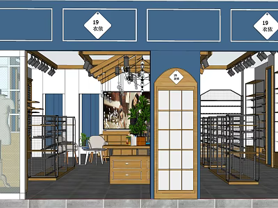 Mall Store Interior With Display Racks Chandeliers Wooden Counter Mannequin And Plants 3d model