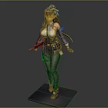 Detailed 3D Female Warrior Character In Blue White Outfit With Weapon And Black Stockings