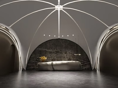 Modern Hotel Lobby Interior With Arched Ceiling Brick Wall And Lighting Design 3d model