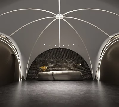 Modern Hotel Lobby Interior With Arched Ceiling Brick Wall And Lighting Design 3d model