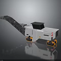 White Gray Mobile Industrial Equipment with Long Conveyor Belt Black Top Warning Stripes on Wheels