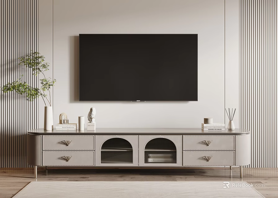 Modern TV Stand Design With Drawers Arched Doors And Green Plant Decorations 3d model 
