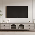 Modern TV Stand Design With Drawers Arched Doors And Green Plant Decorations