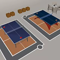 Sports Equipment Ping Pong Tables with Blue Tabletop Red Legs Brown Cubes and Seating Area