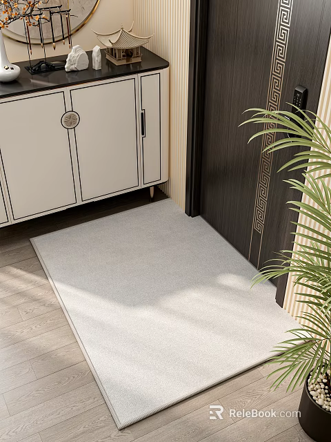 Modern Entryway Cabinet And Side Storage Unit With Gray Floor Mat And Green Plant Near Door 3d model 