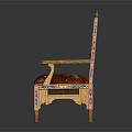 Ornate Traditional Chair with Intricate Carvings Red Cushion Golden Decorations and Colorful Inlays