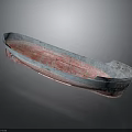 Vintage Wooden Boat With Blue Red Worn Appearance On Gray Background Reflection