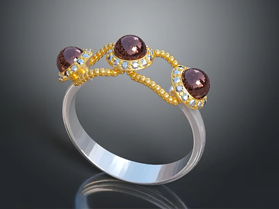 Elegant Gold Ring With Brown Gemstones And Diamond Accents On Silver Band 3d model