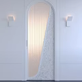 Modern Hinged Door With Striped Glass And Wall Sconces In White Room