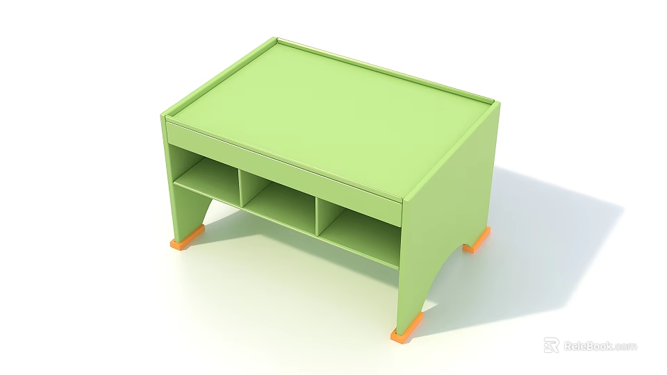 Green Rectangular Table With Open Storage Compartments And Orange Support Legs 3d model
