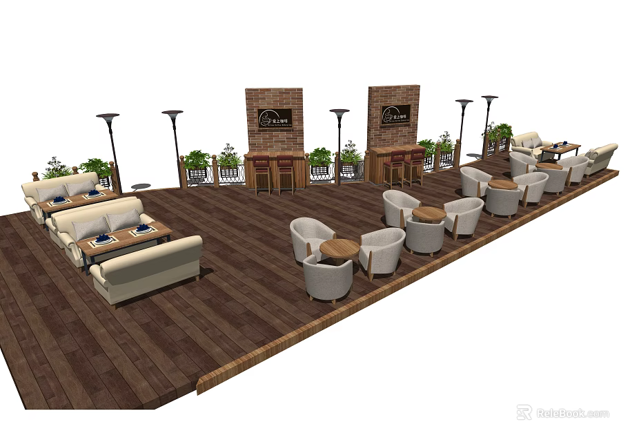Outdoor Dining Table Set with Wooden Floor Bar Counter Green Plants and Lamp Posts 3d model 