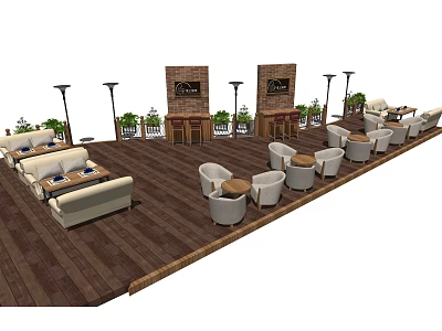Outdoor Dining Table Set with Wooden Floor Bar Counter Green Plants and Lamp Posts 3d model