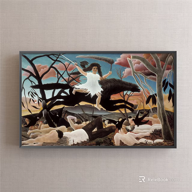 Artistic Painting Featuring White Clad Figure Among Lying Figures And Trees 3d model 