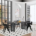 Modern Restaurant Interior With Black Dining Table Chairs Fireplace Artwork Checkerboard Rug And Oranges