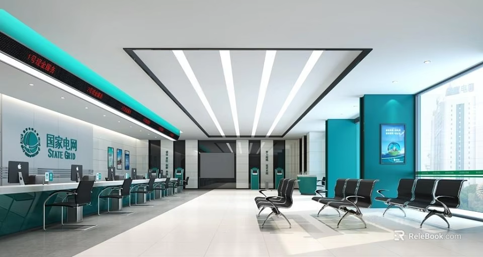 Modern Service Hall Interior Design With Waiting Seats Service Counters And Digital Screens 3d model 