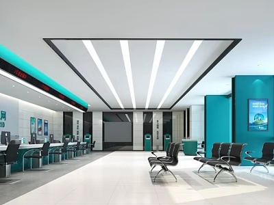 Modern Service Hall Interior Design With Waiting Seats Service Counters And Digital Screens 3d model