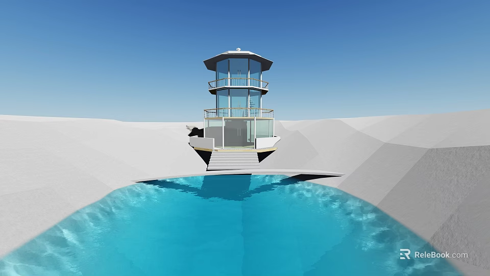 Modern Lighthouse Building With Glass Structure Multi Level Design On White Sand Front Blue Pool 3d model 