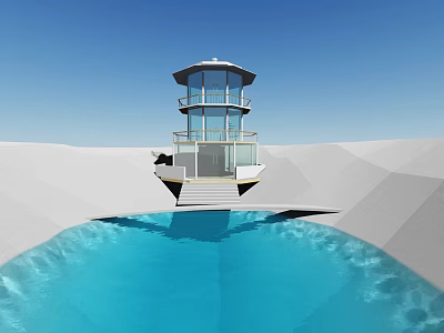 Modern Lighthouse Building With Glass Structure Multi Level Design On White Sand Front Blue Pool 3d model