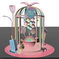 Sweet Treats Display With Pink Cage Shaped Structure Featuring Ice Cream Lollipop Donut Rainbow Balloons
