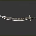 Ornate Curved Blade Weapon With Silver Gold Intricate Patterns And Decorative Handle