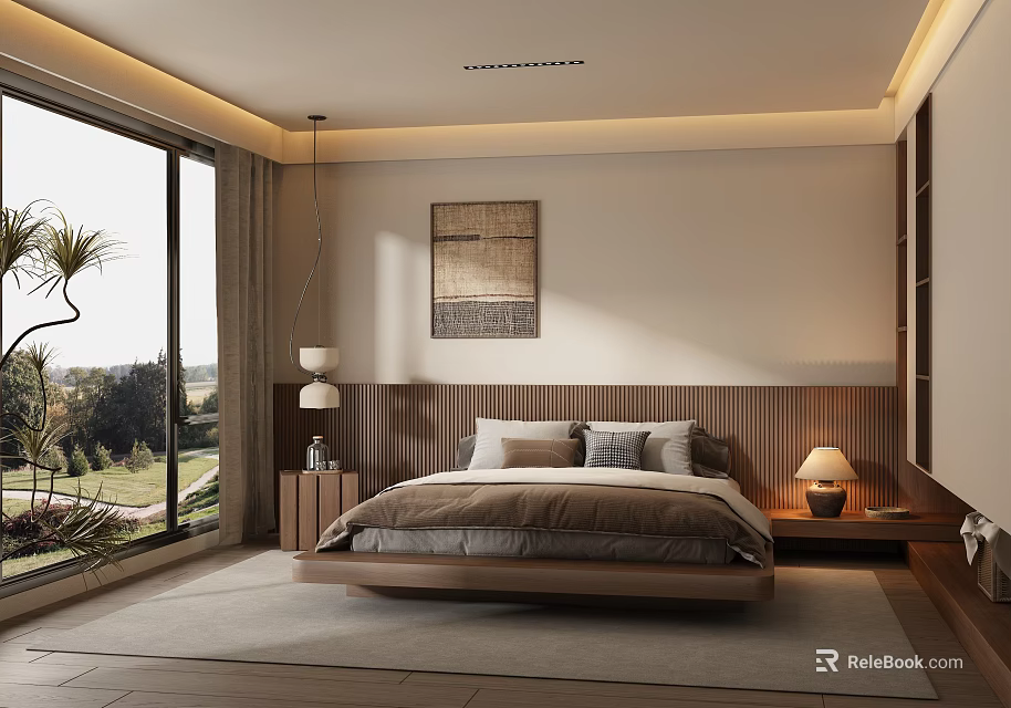 Warm Modern Bedroom Interior With Wooden Bed Floor to Ceiling Window And Natural Garden View 3d model 