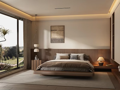 Warm Modern Bedroom Interior With Wooden Bed Floor to Ceiling Window And Natural Garden View 3d model