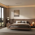 Warm Modern Bedroom Interior With Wooden Bed Floor to Ceiling Window And Natural Garden View