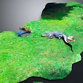 Crocodile Resting On Green Grassland Near Small Water Puddle In Natural Habitat