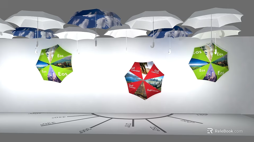 Colorful Umbrellas With Scenic Patterns Hanging Against White Background And Radial Lines On Floor 3d model 