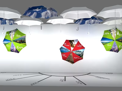 Colorful Umbrellas With Scenic Patterns Hanging Against White Background And Radial Lines On Floor 3d model