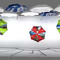 Colorful Umbrellas With Scenic Patterns Hanging Against White Background And Radial Lines On Floor