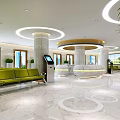 Modern Medical Reception Area With Marble Floor Columns Circular Lighting And Green Plants