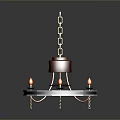 Ornate Chandelier With Wooden Base Metal Chain And Orange Flame Lights