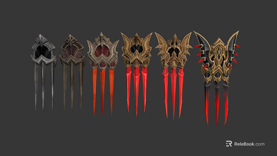 Various Decorative Claw Weapons With Black Gold Red Designs And Ornate Patterns 3d model