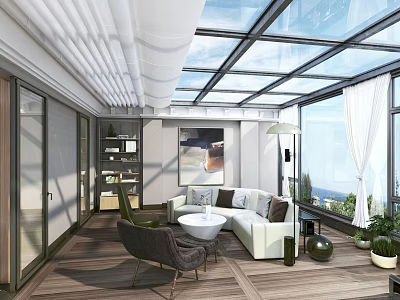 Modern Villa Balcony with Glass Roof Sofa Table Plants Wooden Floor and Outdoor View 3d model