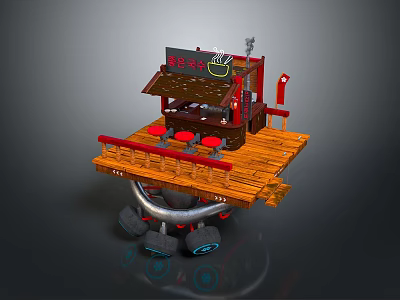 Small Traditional Food Stall Building With Wooden Platform Red Seats Signboard And Suspended Wheels 3d model