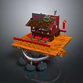 Small Traditional Food Stall Building With Wooden Platform Red Seats Signboard And Suspended Wheels