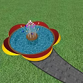 Decorative Garden Circular Pool With Blue Water Red Yellow Edges Green Hedges And Stone Path