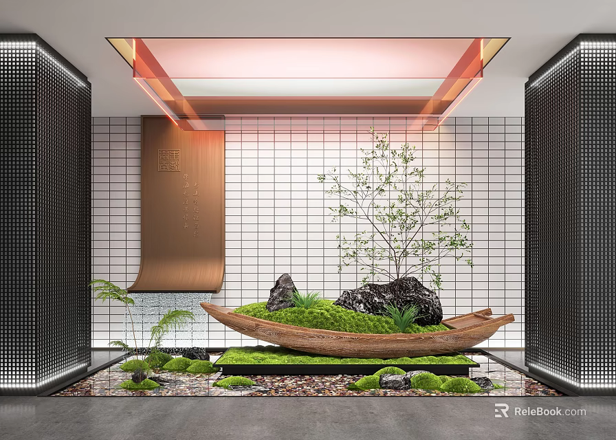 Modern Garden Ornament With Boat Shaped Container Moss Stones And Small Tree 3d model 