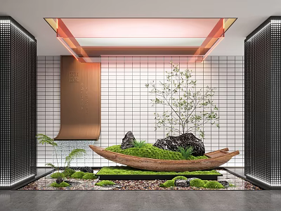 Modern Garden Ornament With Boat Shaped Container Moss Stones And Small Tree 3d model