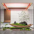 Modern Garden Ornament With Boat Shaped Container Moss Stones And Small Tree