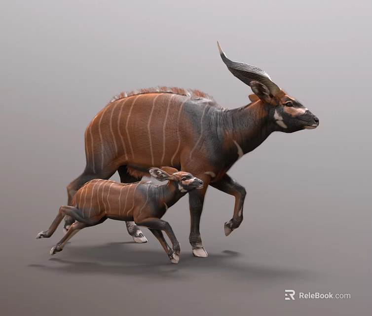 Detailed Antelope Sculpture Featuring Adult And Young Running In Motion 3d model 