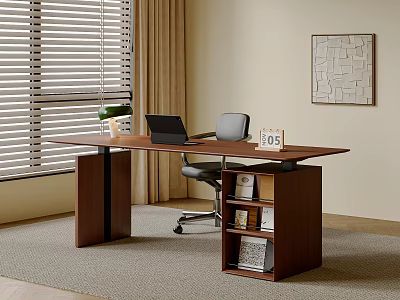 Wooden Desk And Office Chair Set With Laptop Table Lamp Calendar And Storage Shelf 3d model