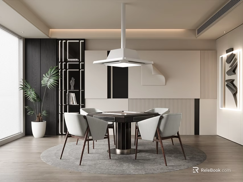 Modern Dining Room With Round Rug Table Chairs And Pendant Light 3d model 