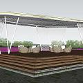 Modern Pergola With White Curved Roof Wooden Deck And Circular Seats In Purple Flower Field