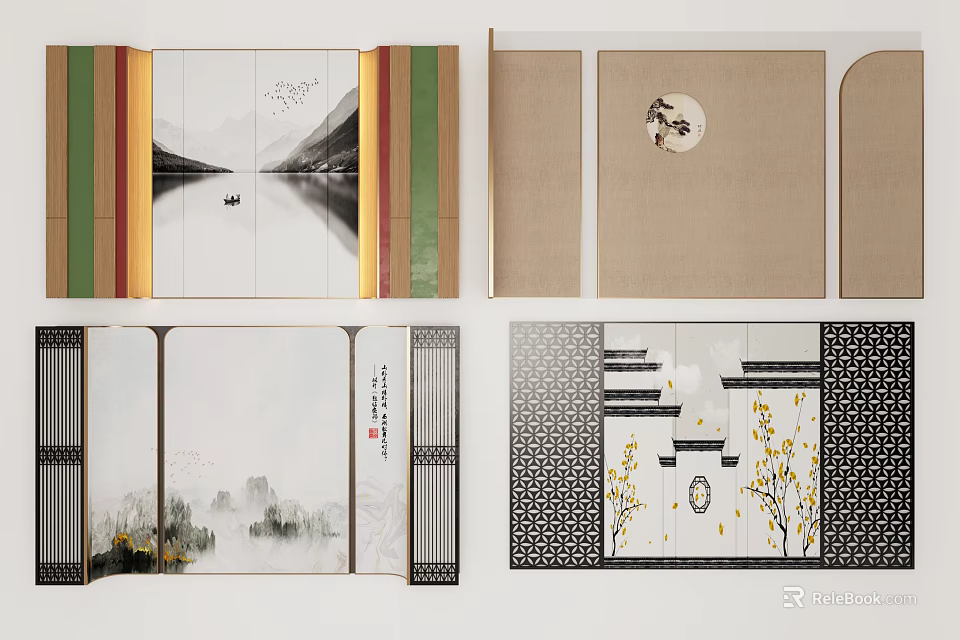 Chinese Traditional Bedroom Accent Wall With Landscape Painting Lattice Pattern Moon Motif And Trees 3d model 