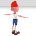Pinocchio Inspired Doll With Red Pointed Hat White Shirt Blue Shorts And Outstretched Arms