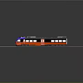 Sleek Modern Red Blue Train With Black Front On Tracks And Passenger Windows