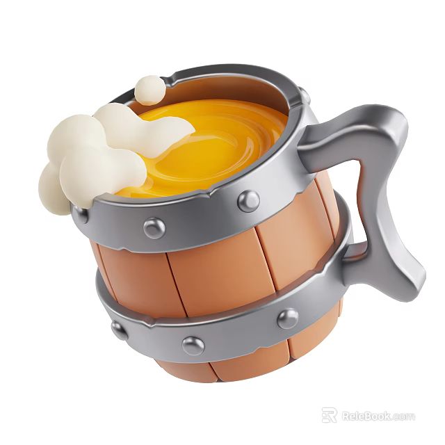 Cute Barrel Shaped Beer Mug with Wooden Metal Design Yellow Liquid and White Foam 3d model 