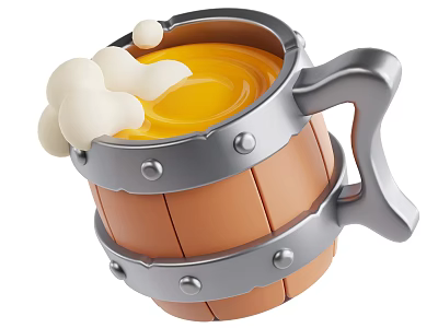 Cute Barrel Shaped Beer Mug with Wooden Metal Design Yellow Liquid and White Foam 3d model